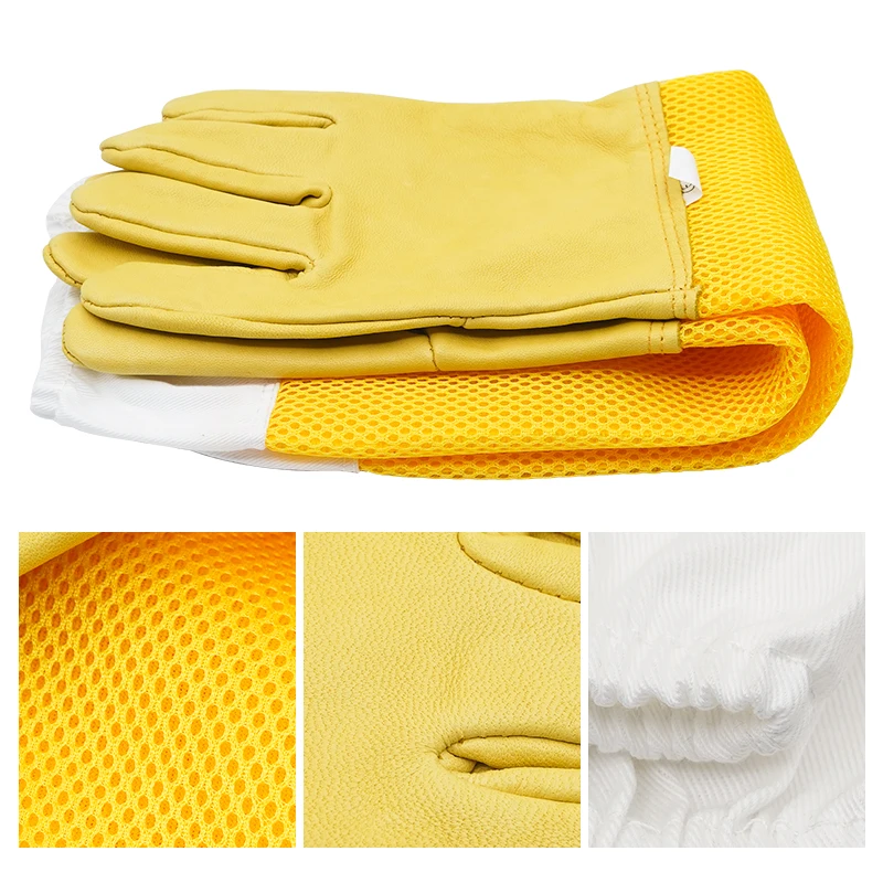 Beekeeping Protective Gloves, Beekeeper Sleeves Breathable Anti Bee Cloth, Apiculture Sheepskin Long Yellow Mesh Gloves 1Pair