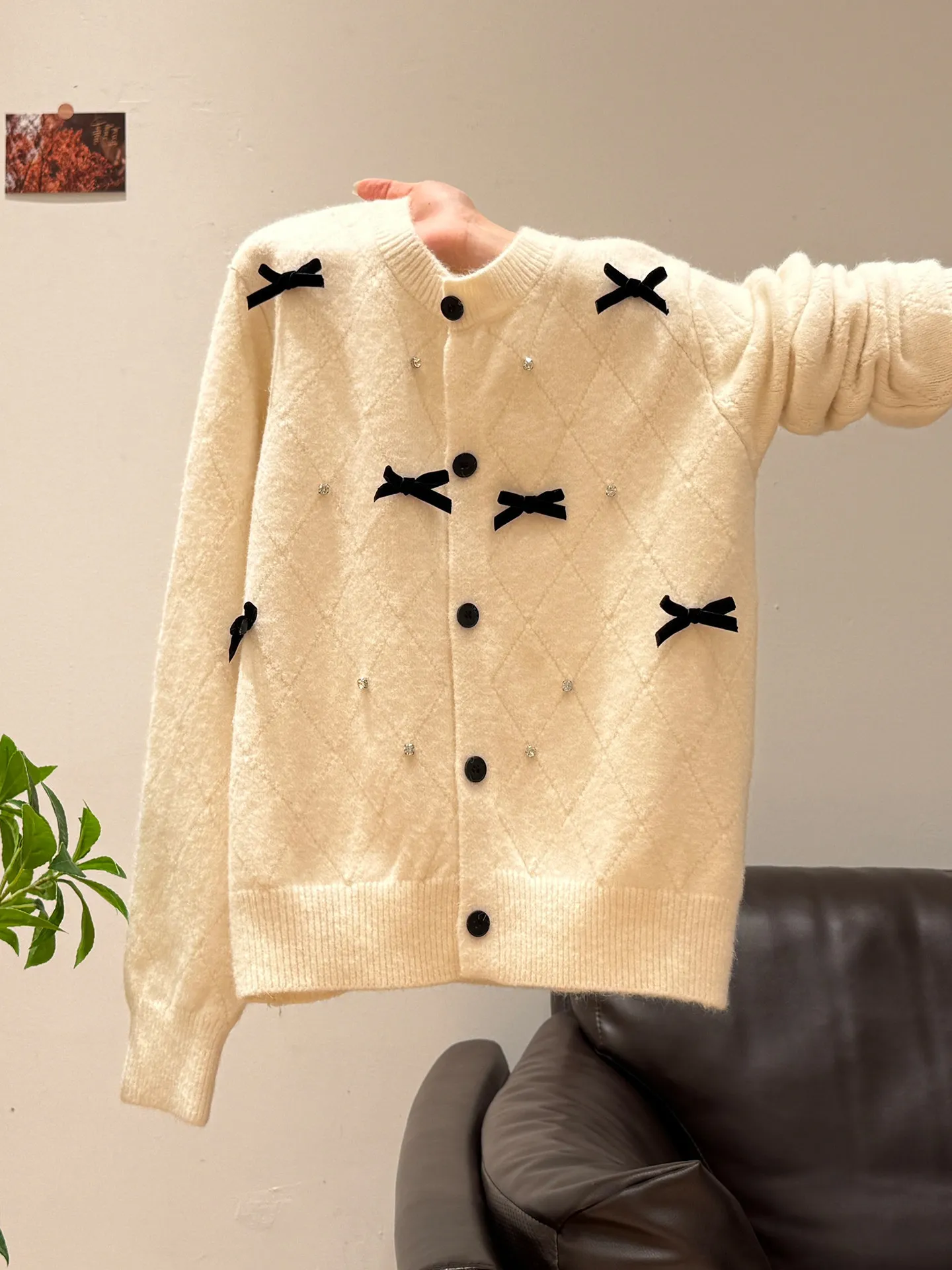 

Korean Sweet round Ne Diamond id Knot Knitted Open Cardigan Women's Spring Autumn Faion Design Versatile Anti...