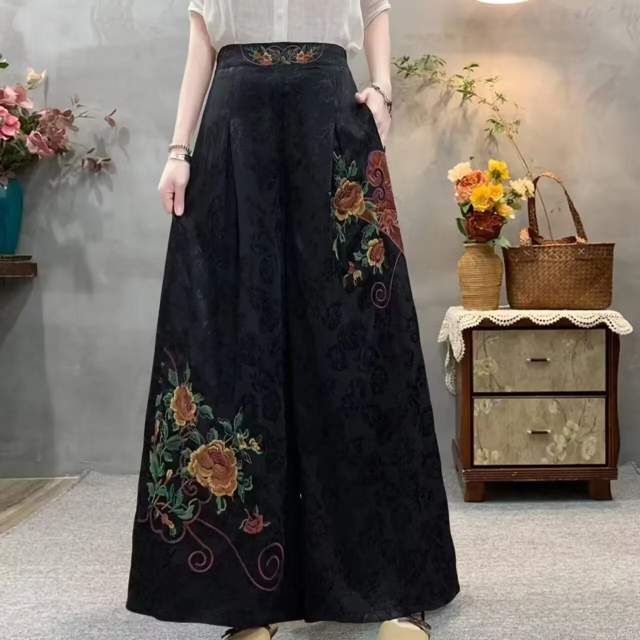 

Embroidery Wide Legs Pants 2025 Spring Retro Chinese Style Women Pants Loose Casual Pants