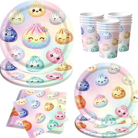 Vaisselle de fête Kawaii Arc-en-ciel en forme de boule de pâte à modeler, assiettes, gobelets et serviettes en papier jetables à motifs de dessins animés, décoration d'anniversaire pour enfants sur le thème des petits pains vapeur.