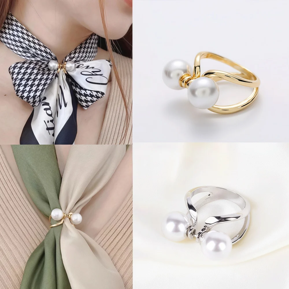 Pearl Silk Scarves Buckle Ring Clips Women Hollow Scarf Buckle Clips Holder Shawls Ring Female Clothing Metal Brooches Pins