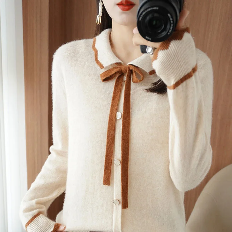 Women's Doll Neck Cashmere Cardigan 2024 Luxury And Fashionable Spring/Winter Long sleeved Color Block Polg Sweater Knitted Top