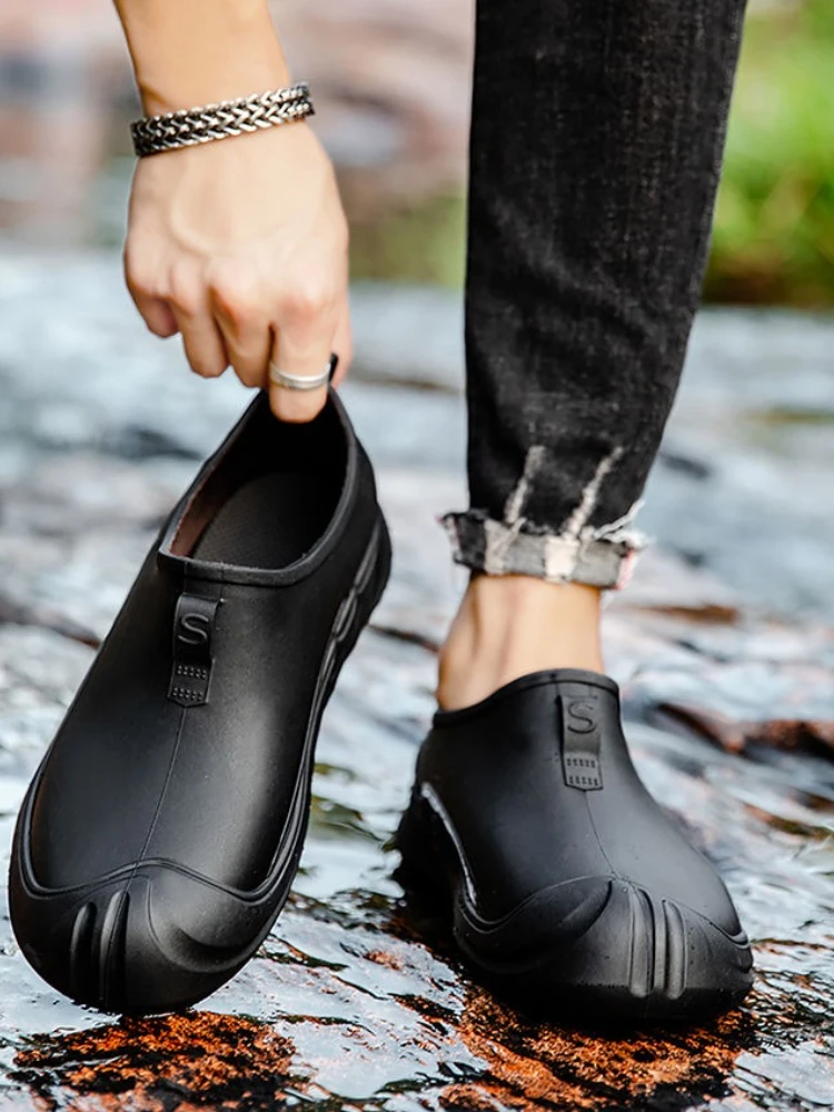 Chef cocina zapatos masculinos trabajo verano Color sólido goma barro goma botas de goma sin cordones pesca nuevas 2025 Botas de lluvia para hombres