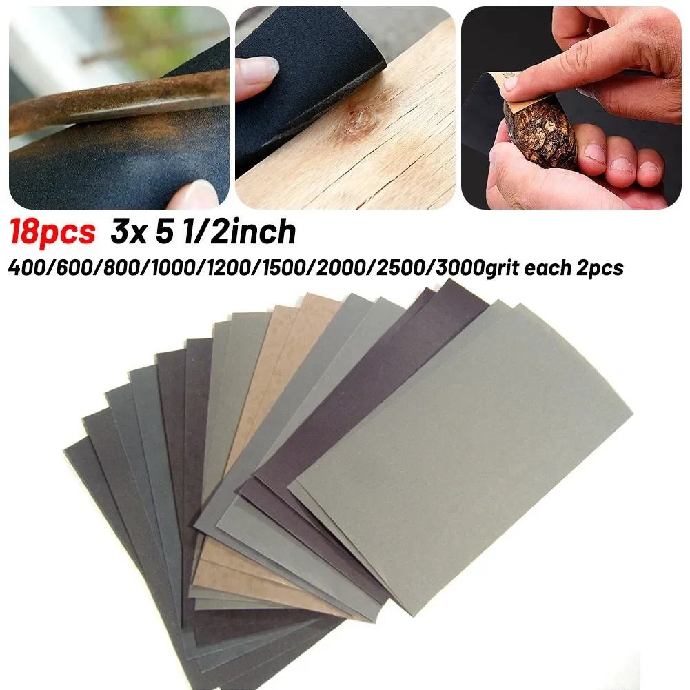 18pcs Sandpaper Set 400/600/800/1000/1200/1500/2000/2500/3000 Grit Sanding Paper Wet/Dry Abrasive Sandpapers Abrasive Tools