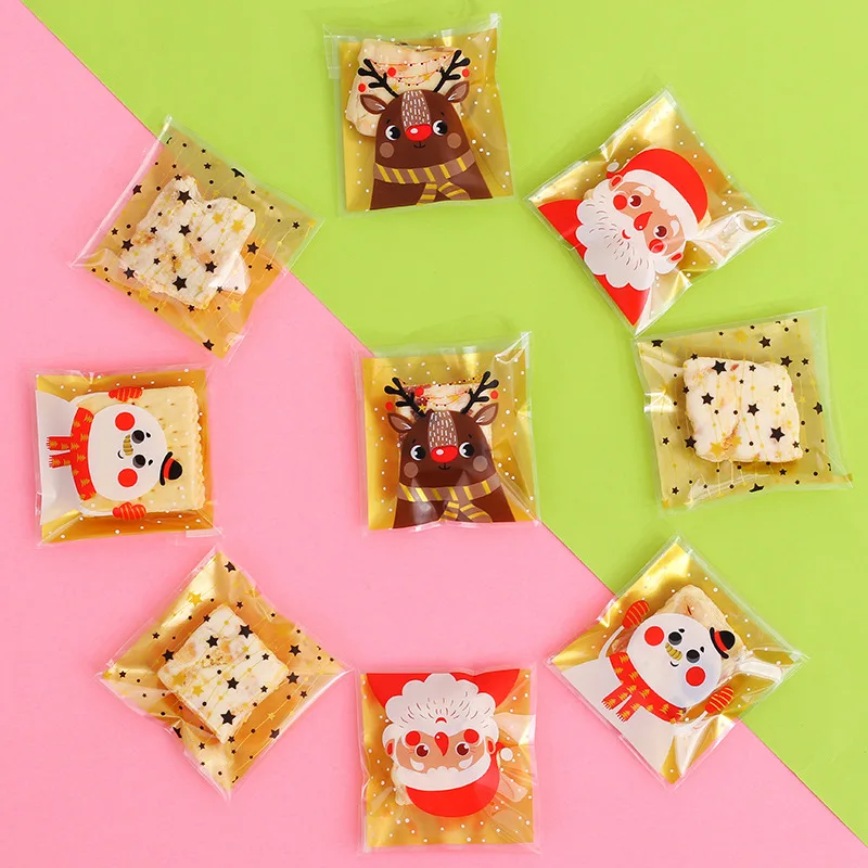 100PCS Christmas Plastic Candy Bags Carton Santa/Snowman/Deer Cookie Bag For Neol DIY Biscuits Snack Baking Packaging Supplies