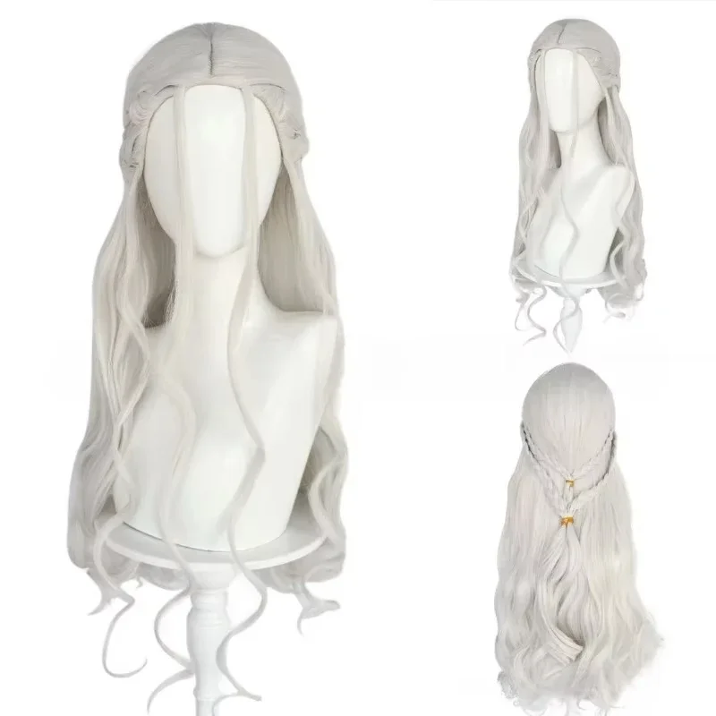 Women Dragon Mother Cosplay Wig Daenerys Silver Long Curly Wig Halloween Party Anime Costume Synthetic Wigs