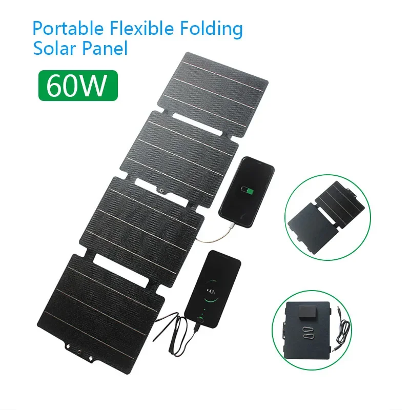 60W Foldable Solar Panel Type-C USB DC 12V Solar Charger Flexible Portable Solar Cell Outdoor Power Bank for Camping Hiking