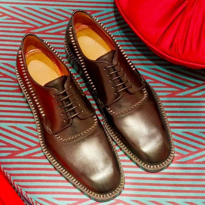 

Men Rivet Lace-Up Leather Shoes Square Toe Cross-Tied Chunky Low Heel Loafers British Style Male Shallow Casual Business Shoes