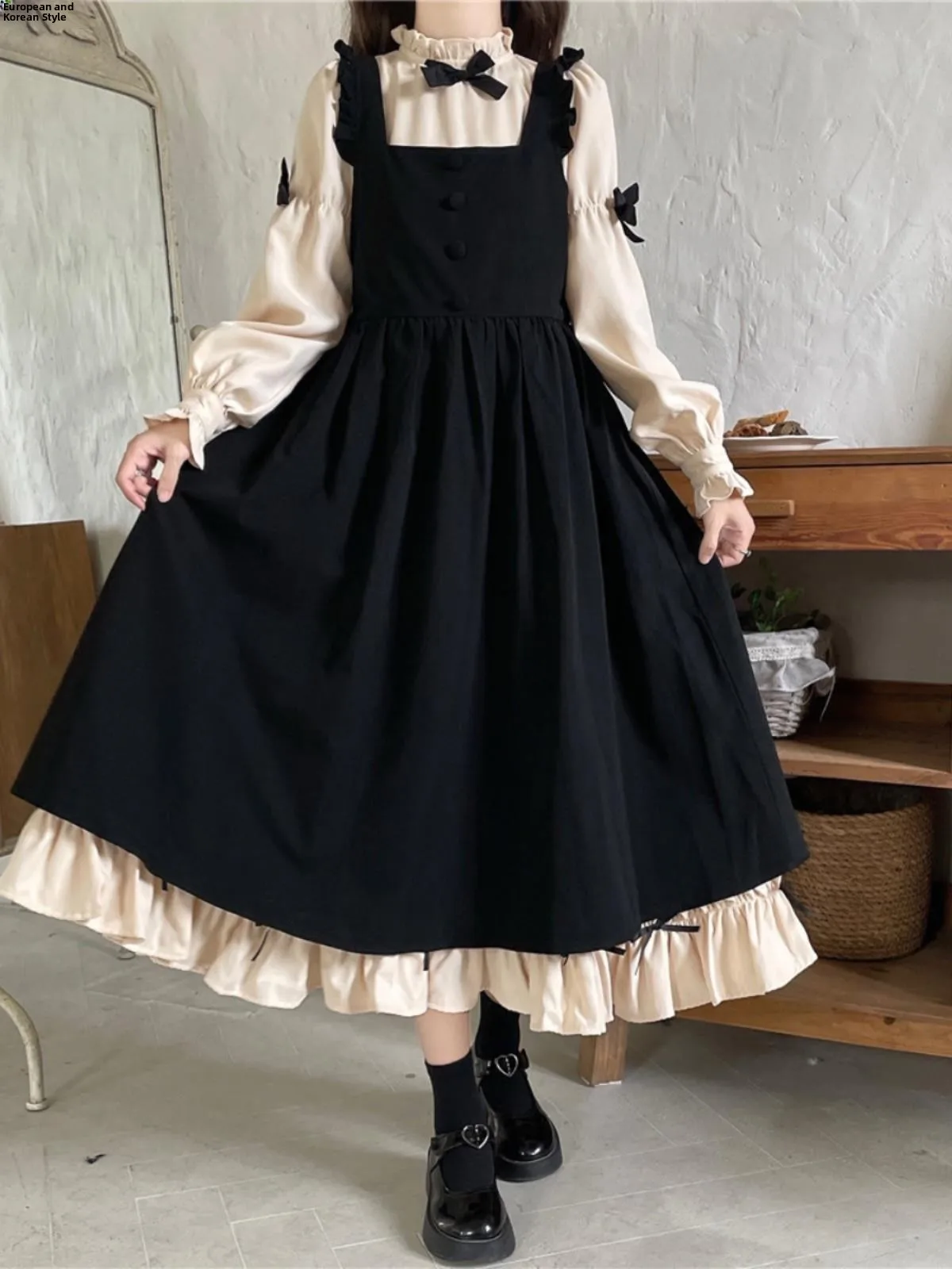 Large Size Autumn Winter New Style 2024 Japanese Bubble Sleeve Light Lolita Overalls  Knot Dress Two Piece Set