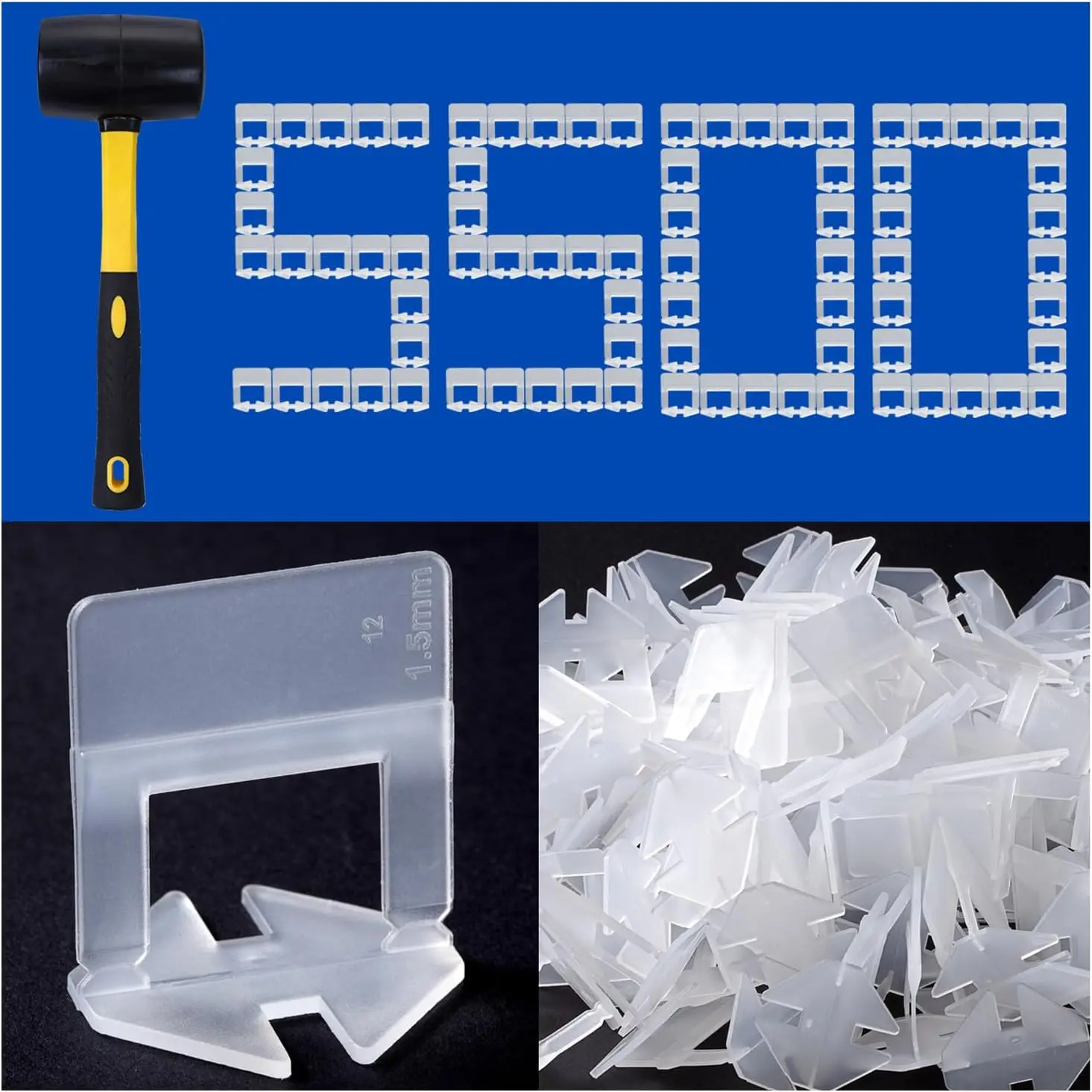 Professional Tile Leveling System with 5500 Clips, 1/16 inch Spacers, and Rubber Mallet for Ceramic and Stone Installation