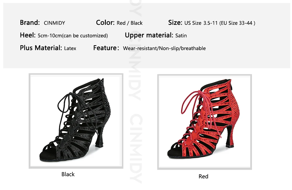CINMIDY Schwarze Tanzschuhe für Damen Tango Salsa Latein Tanzschuhe Kubanischer Absatz Ballsaal Tanzstiefel Rote Partyschuhe zum Tanzen – Detail 5