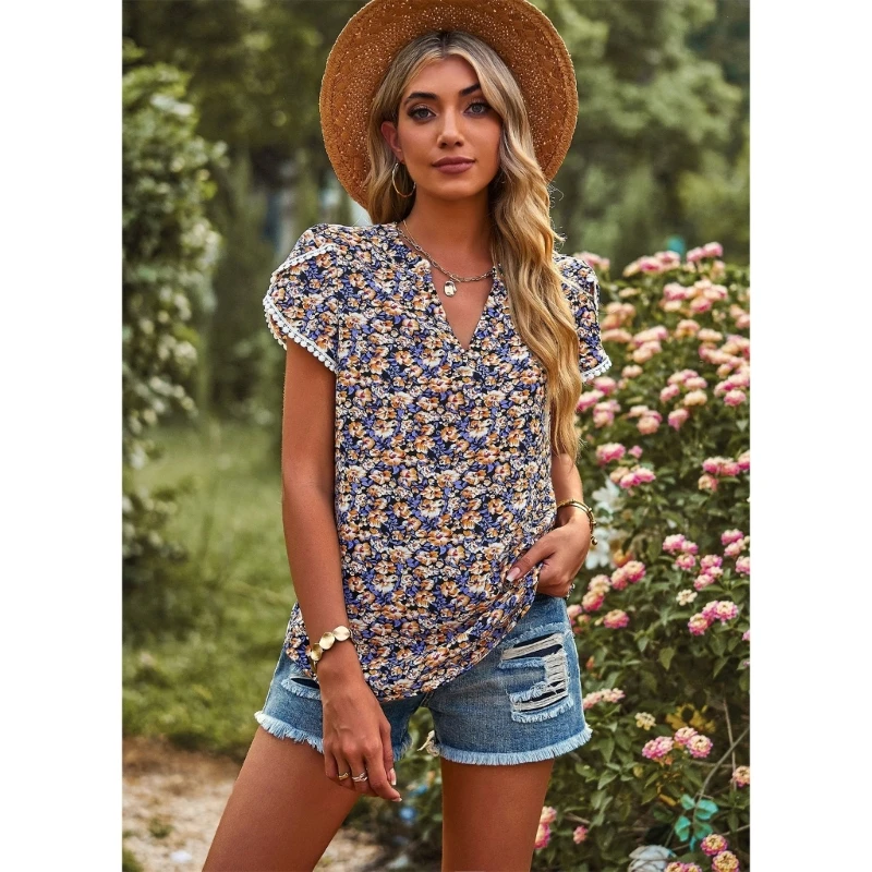 Women Summer Pompom Lace Trim Short Petal Sleeve T-Shirts Blouses Casual Loose V-Neck Floral Printed Pullover Tunic Tops