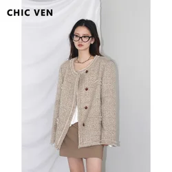 CHIC VEN Women's Woolen Coat New Product Small Fragrant Wind Clip Cotton Wool Overcoat Wool Tweed Female Top Winter Autumn 2023