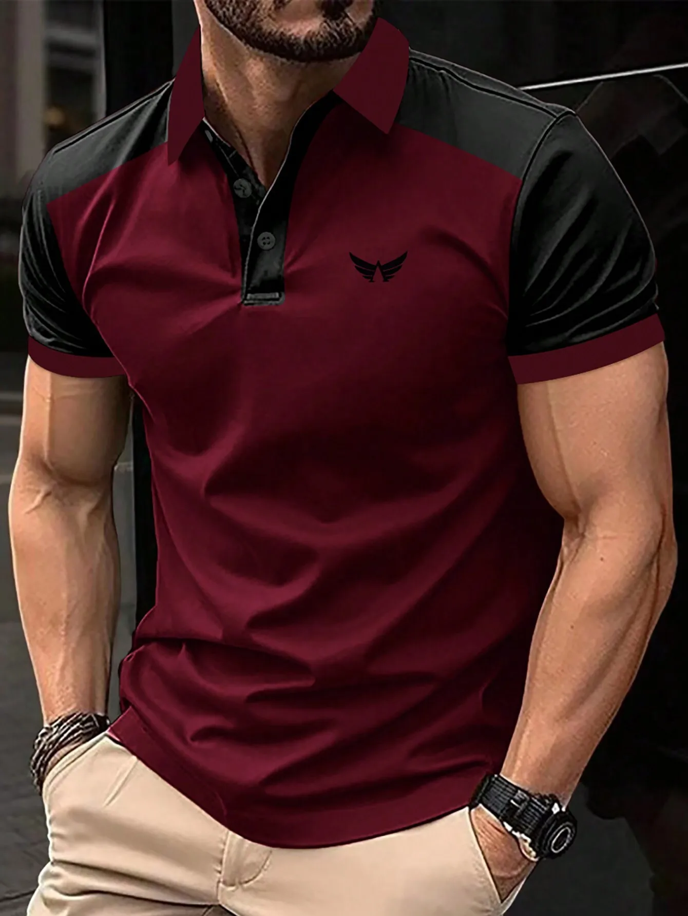 

Men's Color Block Short Sleeve Polo Shirt in Burgundy and Black