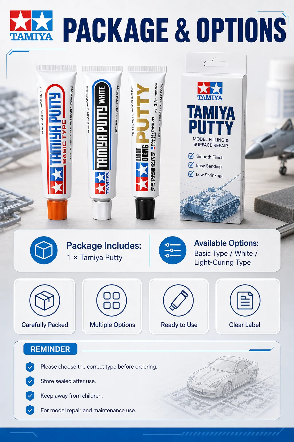 Großhandel Tamiya Putty 87053/87095/87076 Grau Weiß Zahnpasta Modell Werkzeug für Montage Figur Modellbau Reparatur Abdichten – Detail 8