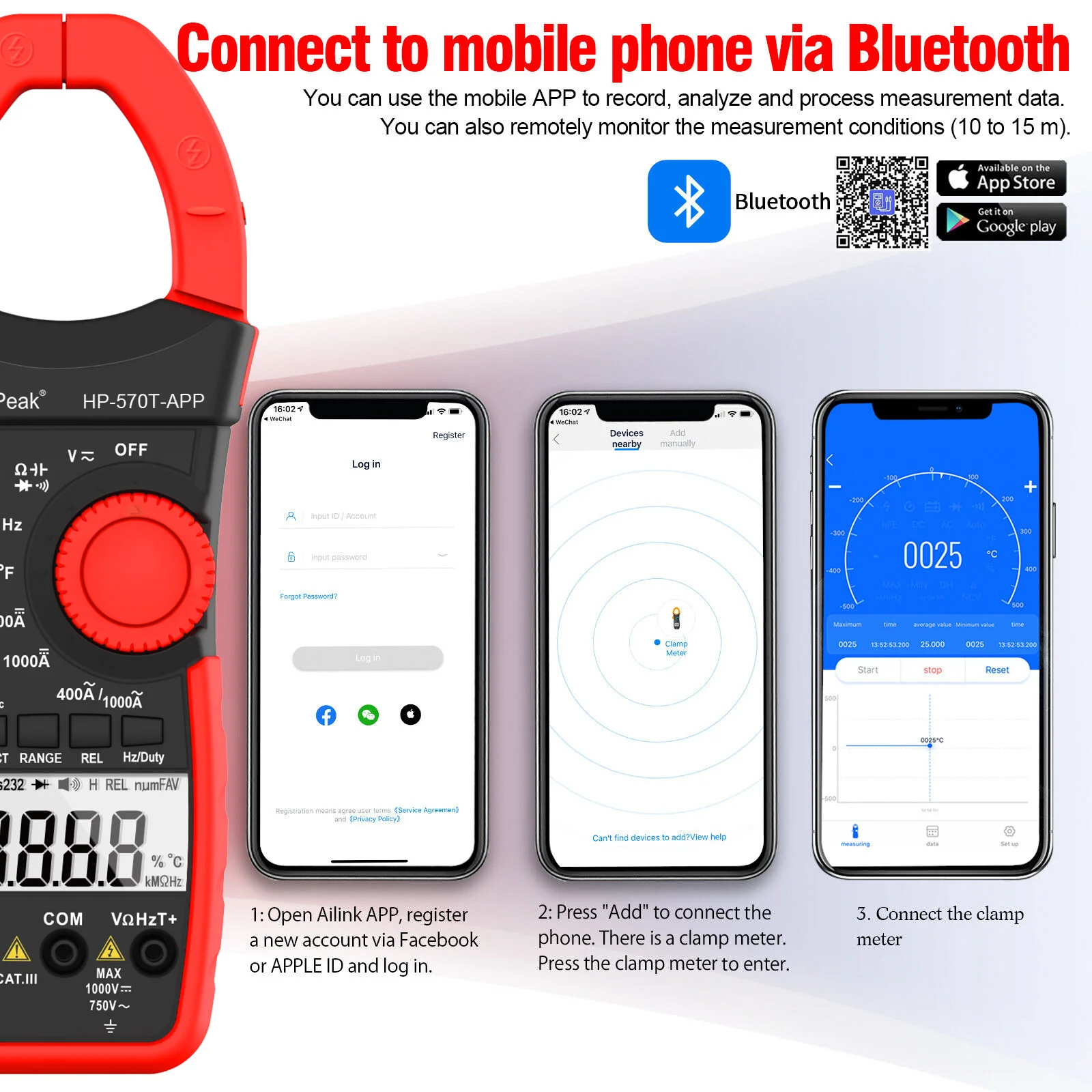 Digital Clamp Meter HoldPeak HP- 570T-APP With 4000 counts 1000A AC Current Voltage Capacitance Test Multimeter Connect to Phone