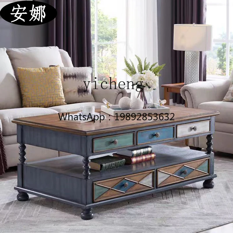 painted all solid wood retro coffee table living room home large apartment drawer solid wood color double layer hollow
