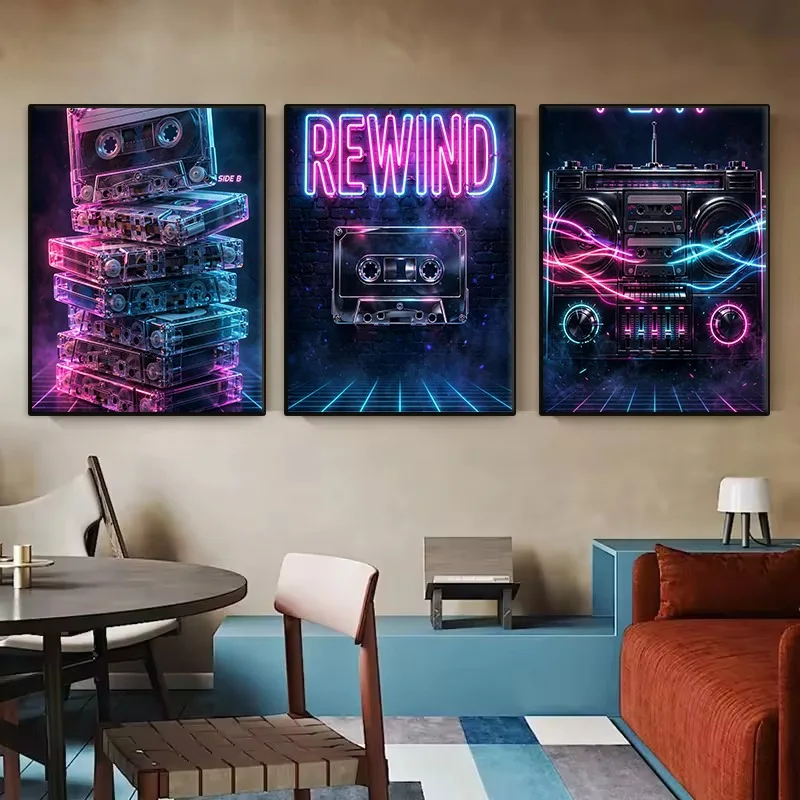 Neon Retro Cassette and Boombox Poster 80s Tape Recorder Mixtape Rewind Canvas Painting Wall Art for Bar Living Room Home Decor