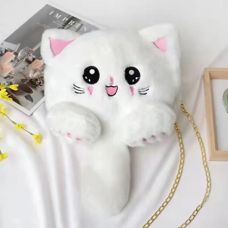 Cute Cartoon Plush Doll Bag Student Backpack Girl Chain Single Shoulder Crossbody Bag Soft  Furry Cat Messenger Bag Purse