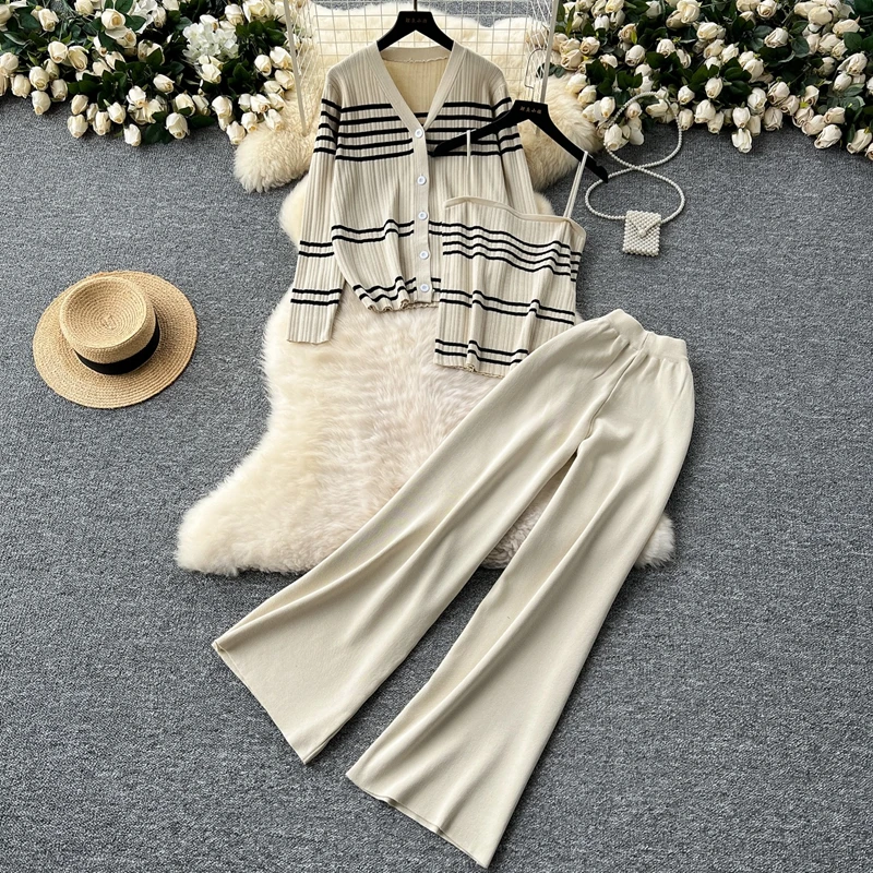 Elegant Women's Suit Striped Knitted Cardigan Inside Camisole Autumn New Versatile Casual Long Pants Women's Three Piece Set