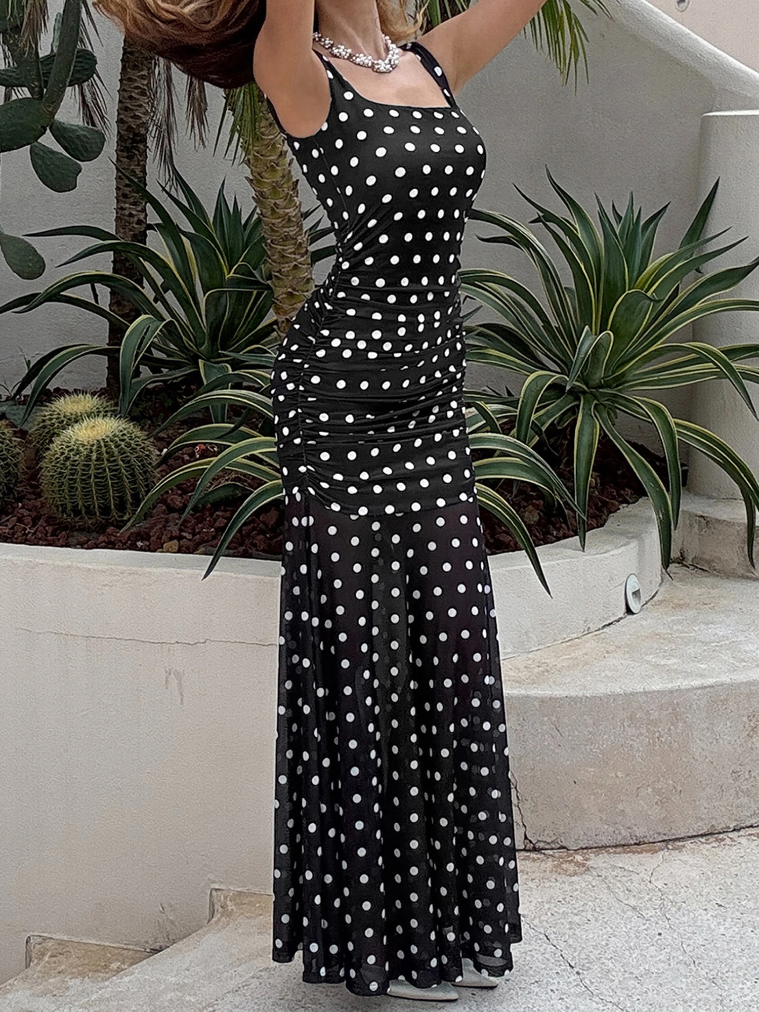 Robe Maxi élégante à imprimé Floral pour femmes, sans manches, col carré, moulante, à volants, avec motif à pois, été