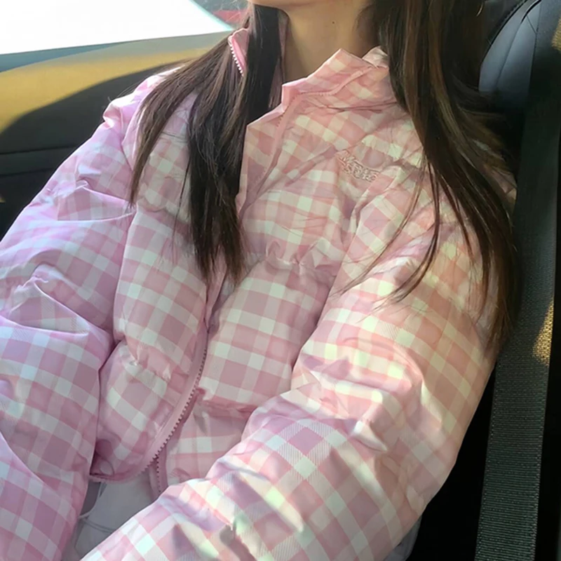 Coreano xadrez inverno inchado casaco feminino manga longa rua zip parkas jaqueta grossa quente estilo preppy casual outwear