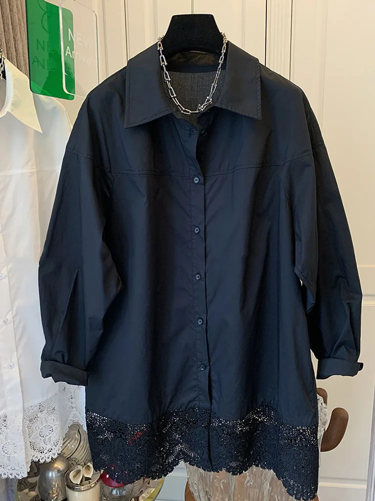 

Oversized Women Lace Spliced Long Sleeve Shirt Fashion Loose Turn Down Collar Single Breasted Top Simple Temperament Lady Blouse