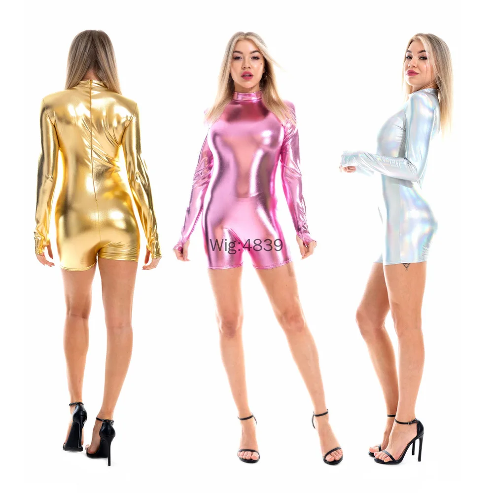 Women Shiny Metallic Gymnastics Dance Biketard Long Sleeved Turtleneck Long Sleeve Leotards Outfits Back Zipper Jumpsuit 2026