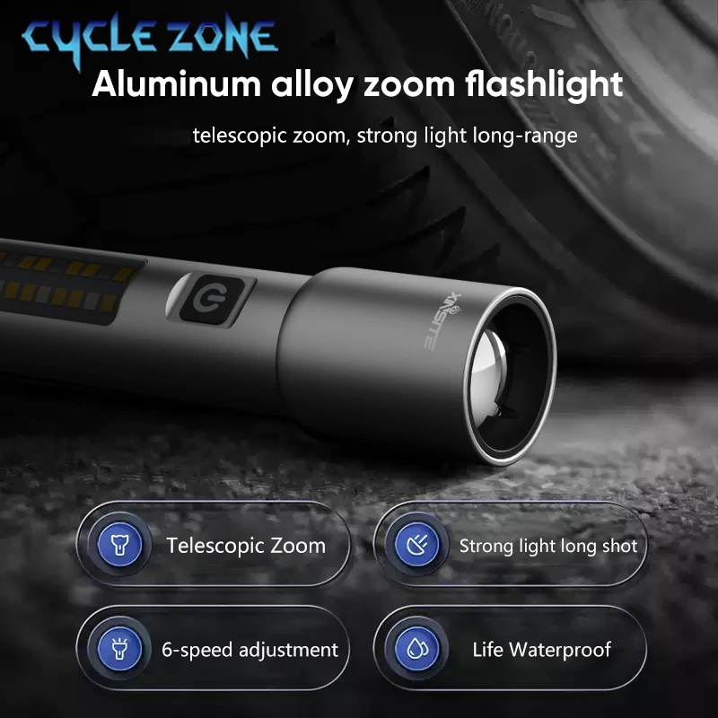 ไฟฉาย LED แบบพกพา Type-C ชาร์จไฟฉาย Zoomable Spotlight พร้อม COB ด้านข้างกลางแจ้ง Camping ไฟฉายฉุกเฉิน