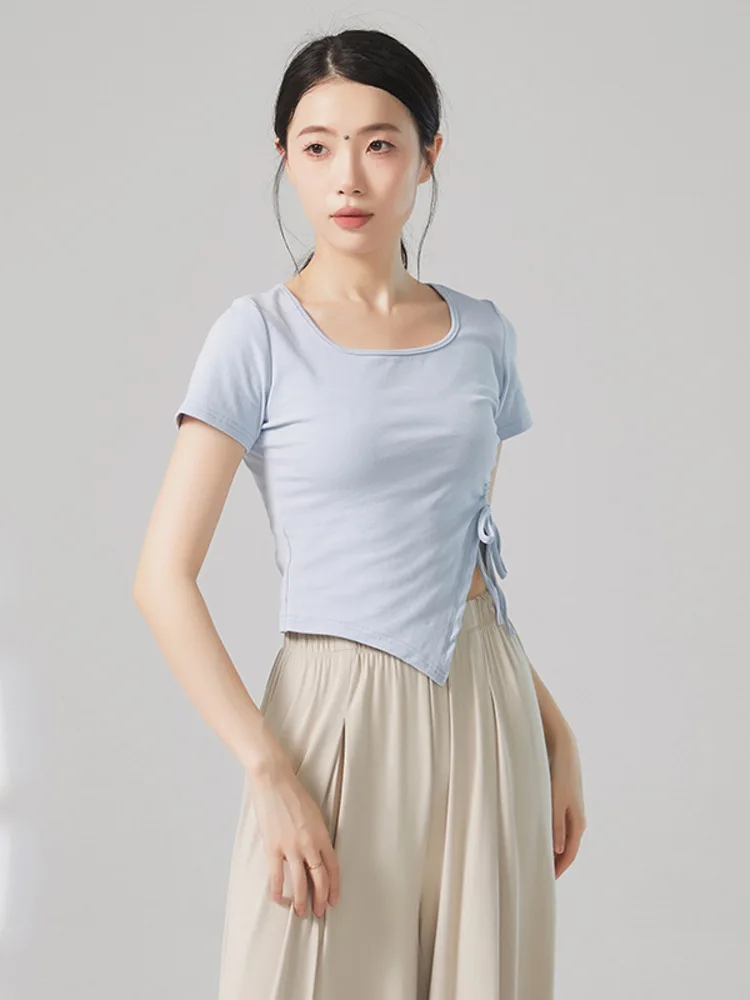 Top da ballo con scollo quadrato e orlo irregolare per balletto classico, abbigliamento da palcoscenico, camicia da donna con coulisse in tinta unita