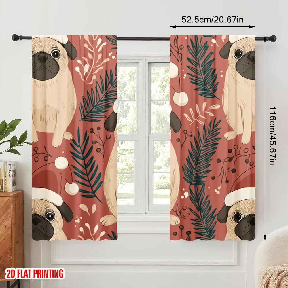 2pcs,2D plane printing Light Filtering Curtains Pug Tree Versatile 100% Polyester (without rod) Home Decor for Bedroom & Living