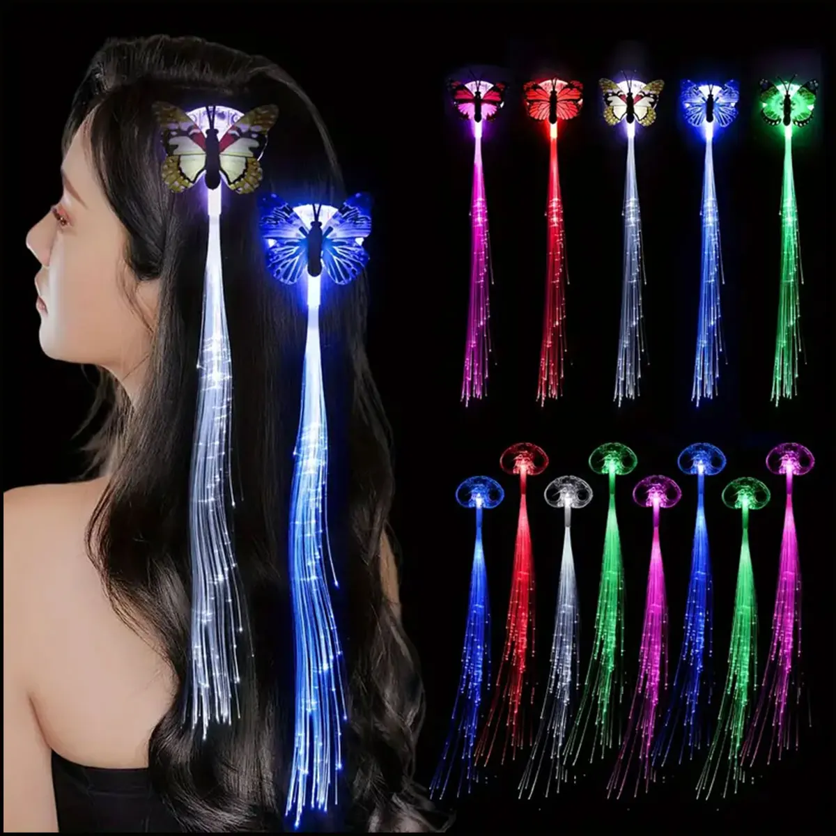 5pcs Led Glow Butterfly Hair Clips Led Light Fiber Optic Hair Braid Barrettes Glow-In-The-Dark Fairy Braids for Parties & Events