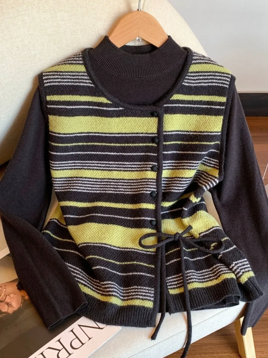 

Женская трикотажная основа irt f, жилет в полоску с высоким воротником, комплект из двух предметов, осенний новый многослойный комплект, реконструкция модели Self-Kept