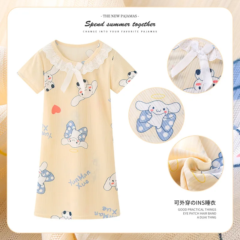 

New Summer Children's Nightdress Kawaii Sanrioed Kuromi Cinnamoroll Pajamas Girl Homewear Cute Anime Cartoon Sleepwear Kids Gift