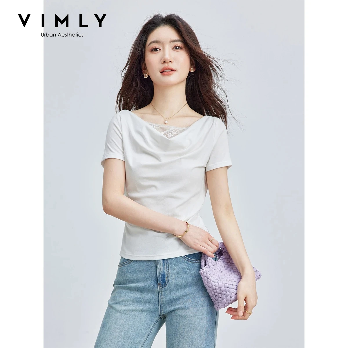 Женская футболка VIMLY из лиоцелла, белая, летняя, с французским вырезом, кружевной отделкой, приталенная, с коротким рукавом, топ, новая модная модель 2026 года, A6570
