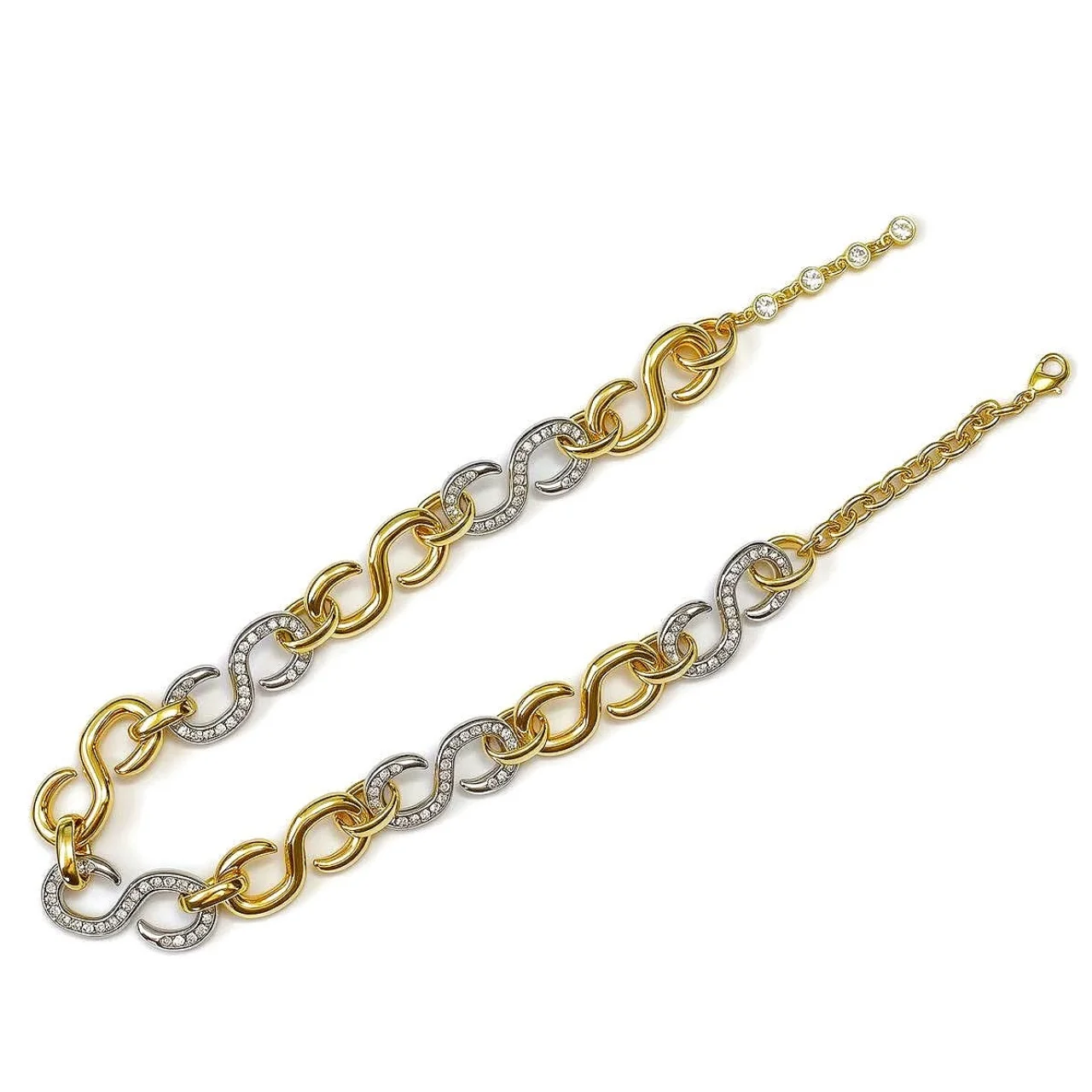 Unisex two-tone gold and white gold plated figure-eight chain rhinestone tennis necklace, S-shape adjustable jewelry gift wholes