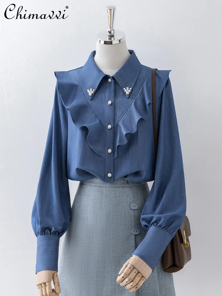 

French Style Elegant Polo Collar Beaded Ruffled Long Sleeve Single Breasted Blue Shirt Blouses for Women 2024 Spring Summer