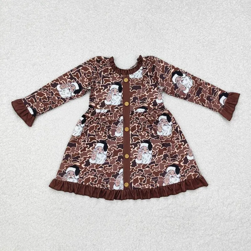 

8.15y Girls Santa Claus Theme Christmas Dress Brown Lace Camouflage Long Sleeve Wholesale Boutique Quality