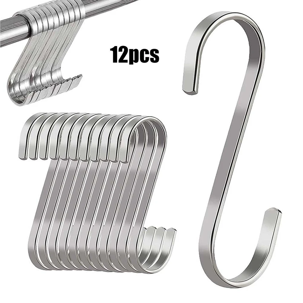 12Pcs Anti-drop Hook Single Hook Without Bayonet S Hook Hook Flat Stainless Steel Hanger Kitchen Garden Hanging Utensil Home