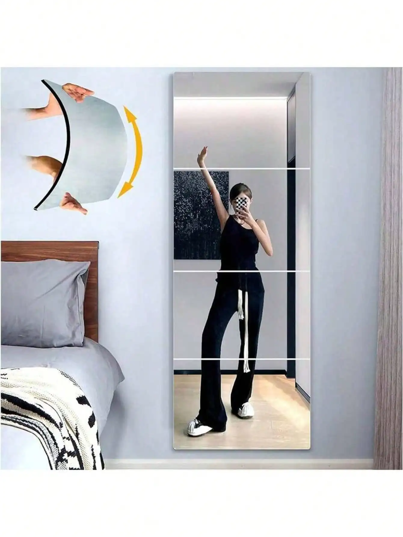 8 pçs espelho autoadesivo adesivo de parede espelhos acrílicos conjunto material acrílico macio banheiro decoração do quarto casa espelho corpo inteiro