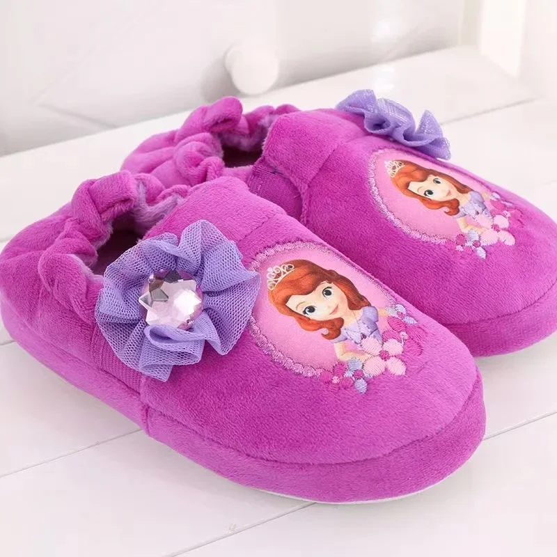 New Autumn Winter Disney Baby Girls Cotton Slippers Princess Cartoon Sofia Print Children Soft Indoor Anti Slip Kids Home Shoes