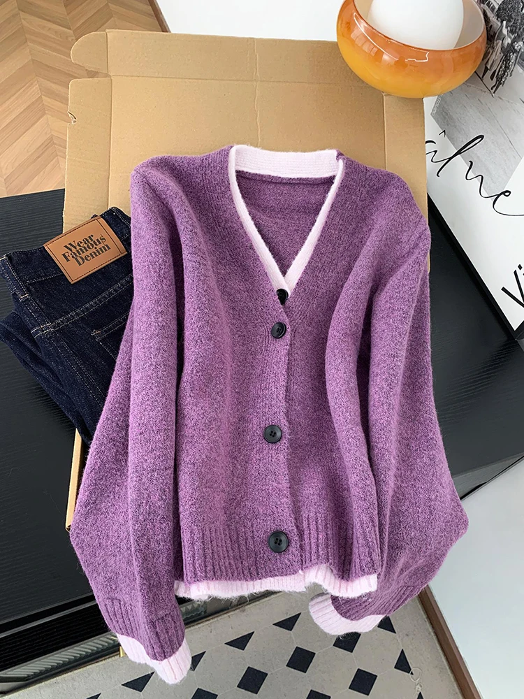 

Fake Two Pieces Splicing Knitted Cardigan Women's Autumn Winter Gentle Chic V-Neck Long Sleeve Soft Sweater Loose Outerwear Tops