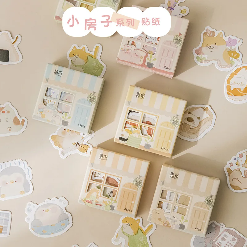 45 Pcs Boxed Stickers Cartoon Cute Notebook Diy Stickers Stationery Kawaii Stickers