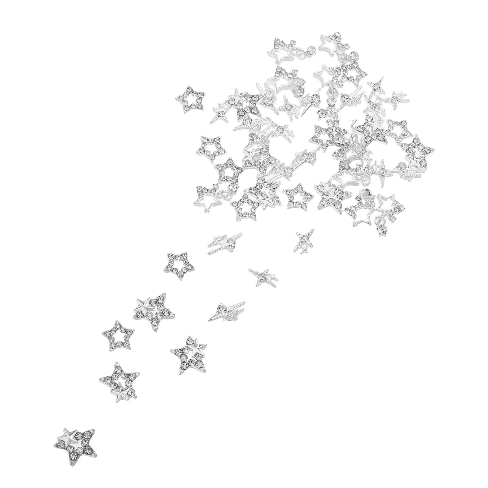 

50Pcs Star Nail Charms Hollow Pentagram Alloy Metal Silver Rhinestones for Gel Acrylic Nails Nail Art Decorations