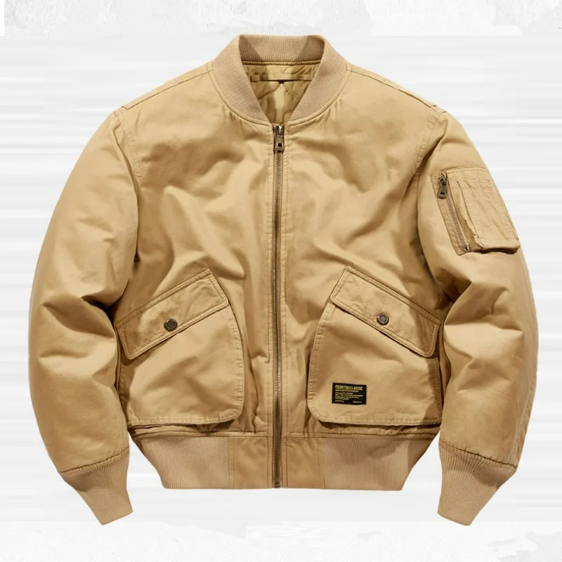 KIDWHXR Bomber Coat Winter Man Thicken Warm Stand Collar Men Jacket Retro Solid Long Sleeve Outdoor Workwear Male Outerwear