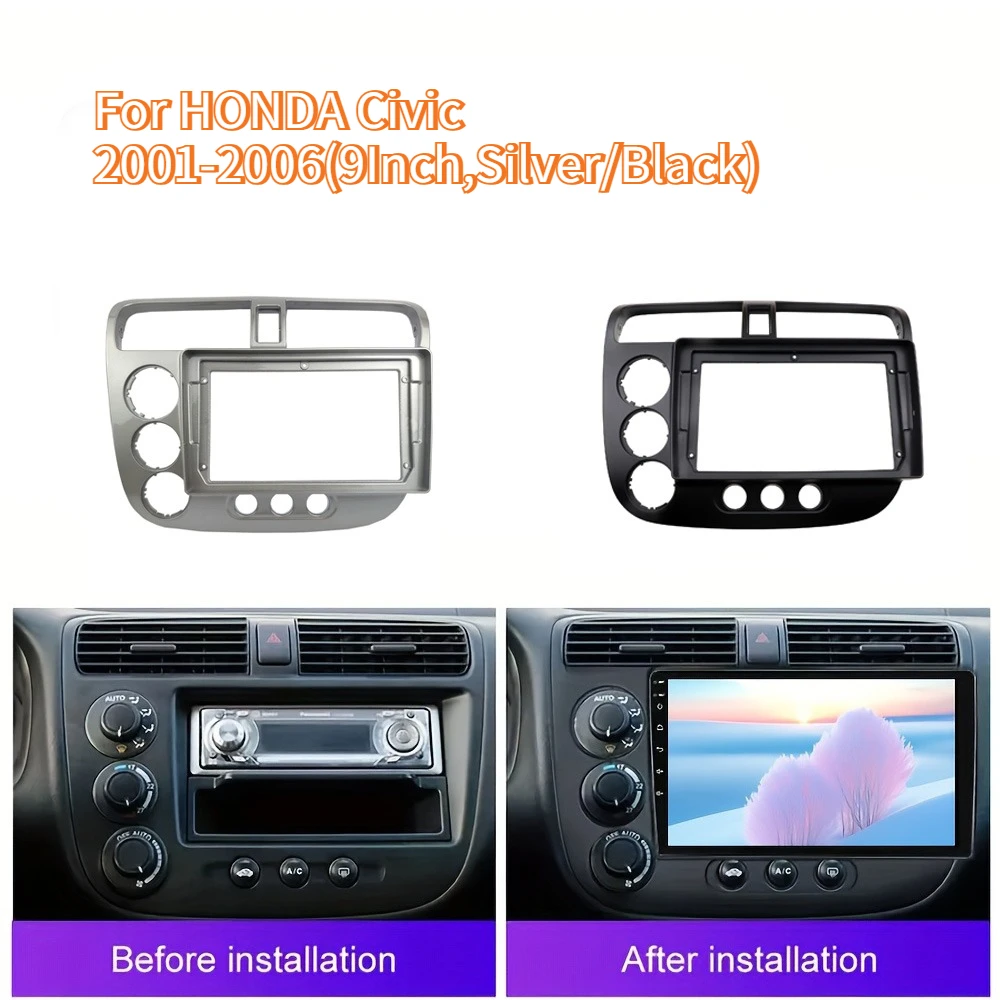 

Car Radio Fascia for HONDA Civic 2001-2006(9Inch,Silver/Black) Stereo Audio Radio Frame Fitting Panel Navigation Frame
