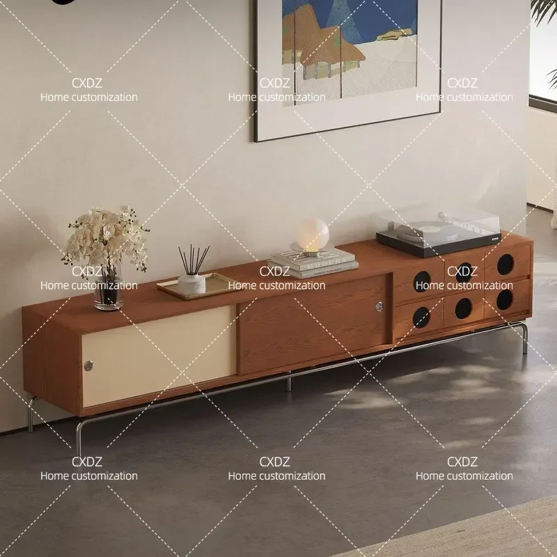 Nordic solid wood TV cabinet medium and antique small household living room storage locker integrated floor cabinet
