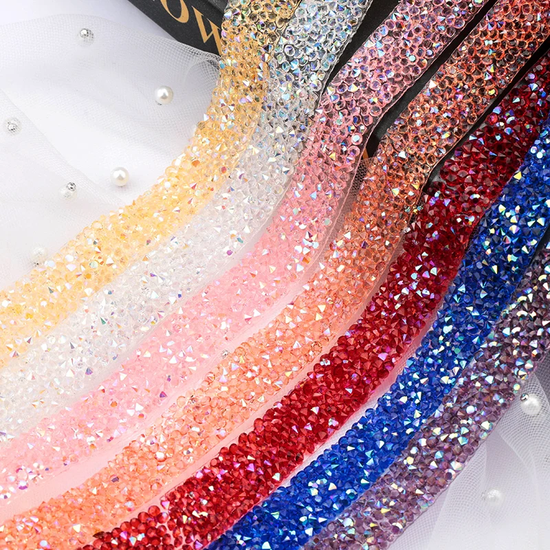 1Yard 15mm Rhinestones Trims Multicolor for Dress Decorations Glitter Crystal Ribbon Strass Trimmings Applique Rhinestone Crafts