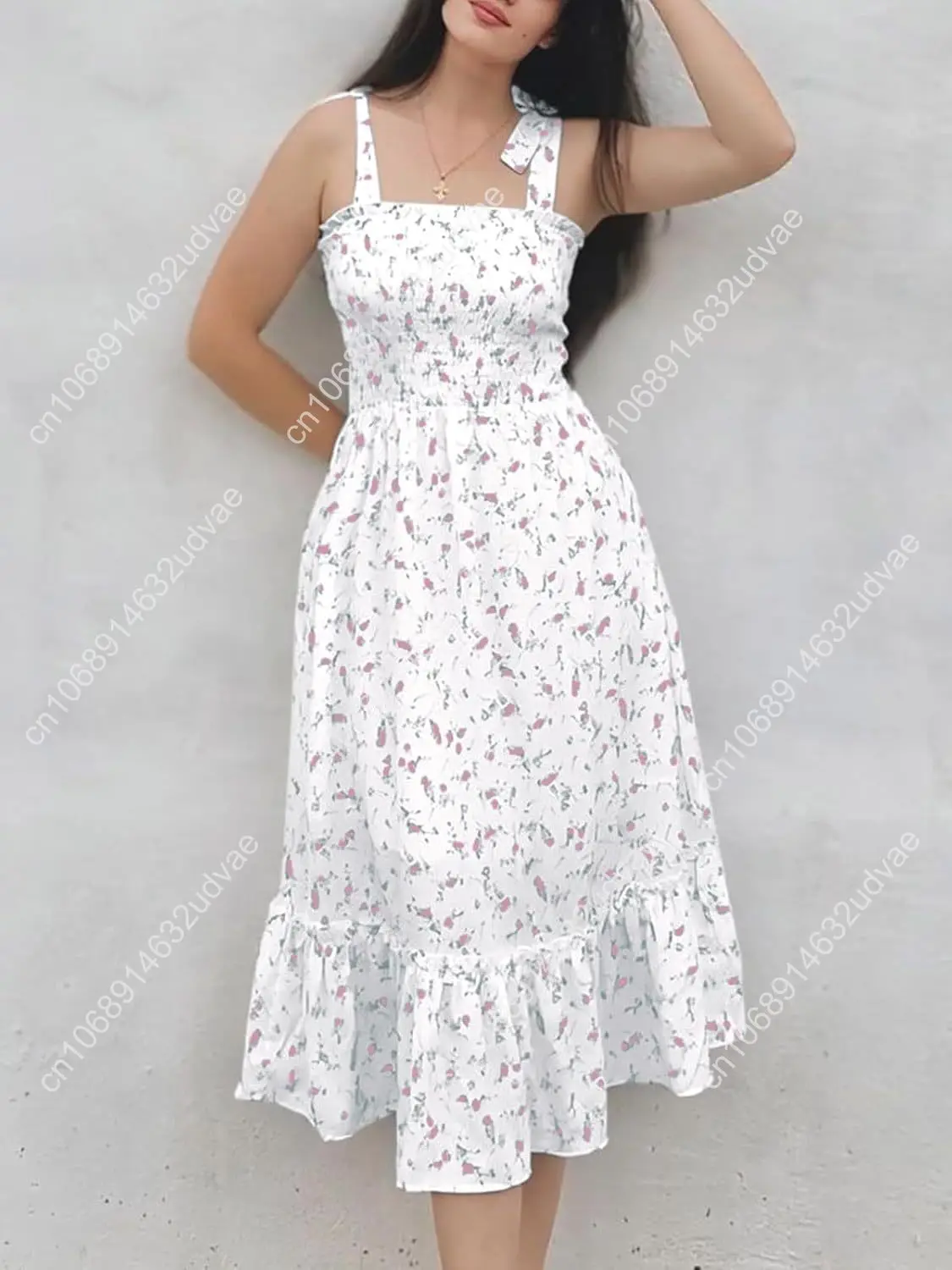 Imily Bela Abito estivo da donna con cinturino allacciato Boho Abito da spiaggia floreale Collo quadrato Abiti da sole con volant Abito maxi smock a linea