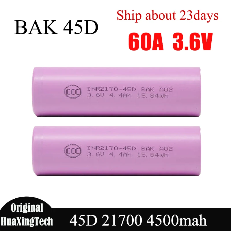 オリジナル BAK 21700 45D 3.6V 4500mAh テーブルレスバッテリー 60A 最大放電電流低抵抗 21700 セル充電式電池